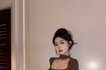 T-Shirt / Mid Set Mini Leather Scarf Neck Square Faux Rise Long-Sleeve Plain Pencil Skirt