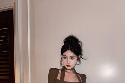 T-Shirt / Mid Set Mini Leather Scarf Neck Square Faux Rise Long-Sleeve Plain Pencil Skirt