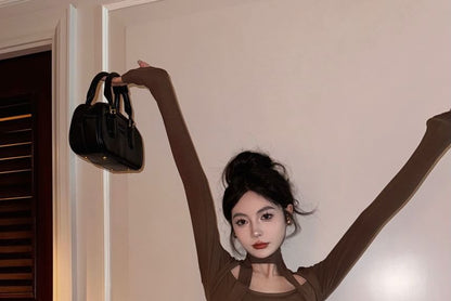 T-Shirt / Mid Set Mini Leather Scarf Neck Square Faux Rise Long-Sleeve Plain Pencil Skirt