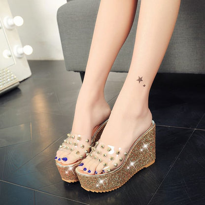 Studded Wedge Slide Platform Heel Sandals