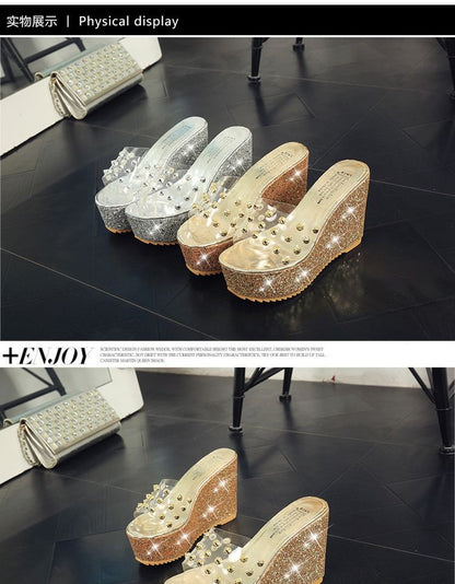 Studded Wedge Slide Platform Heel Sandals