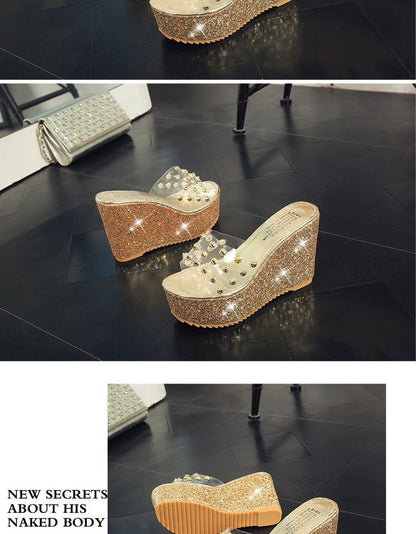 Studded Wedge Slide Platform Heel Sandals