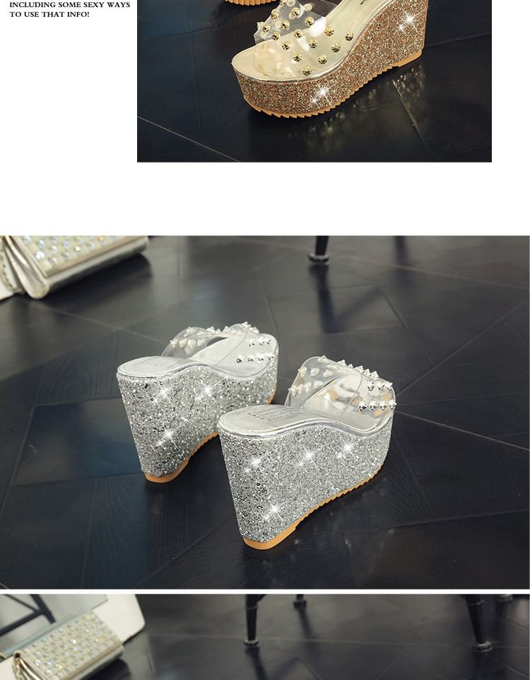 Studded Wedge Slide Platform Heel Sandals