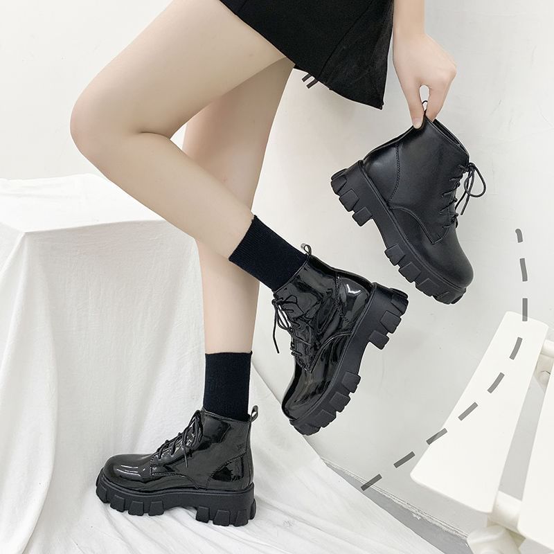 Heel Boots Short Lace-Up Platform Chunky