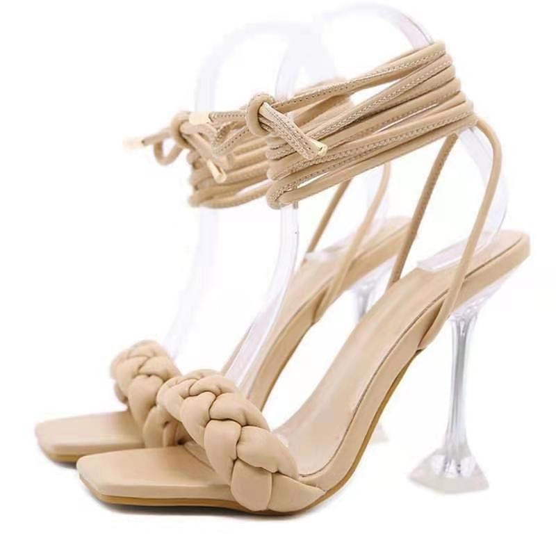 Heel High Sandals Braided Square-Toe