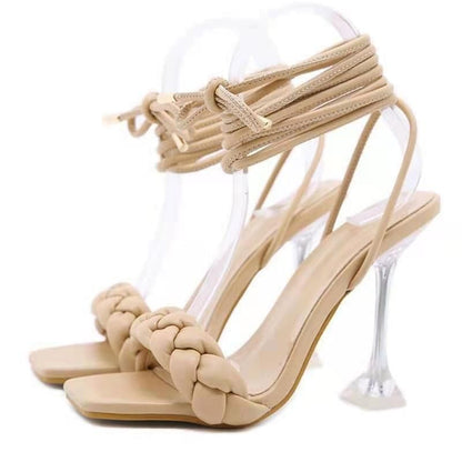 Heel High Sandals Braided Square-Toe
