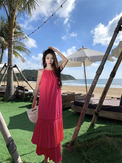 Midi Dress Plain Sleeveless Tiered