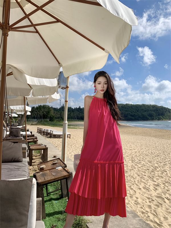 Midi Dress Plain Sleeveless Tiered