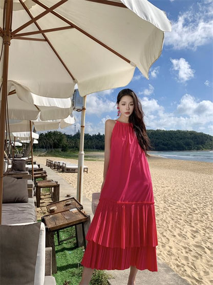 Midi Dress Plain Sleeveless Tiered