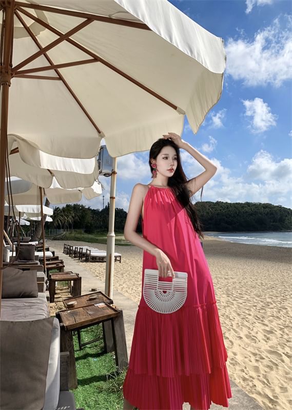 Midi Dress Plain Sleeveless Tiered