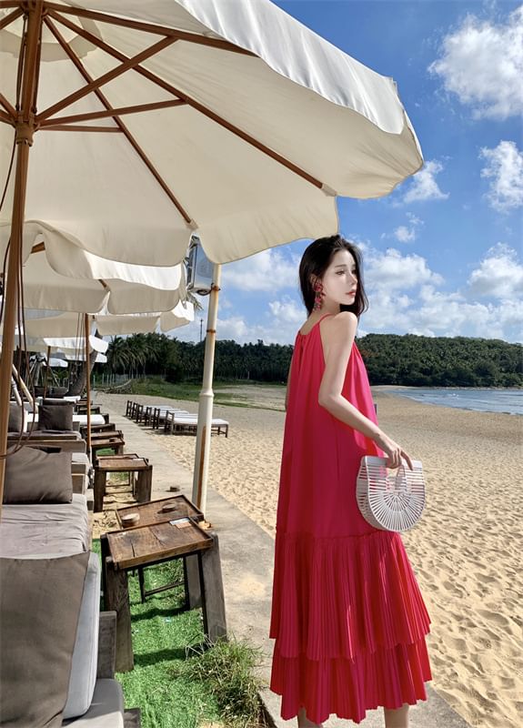 Midi Dress Plain Sleeveless Tiered