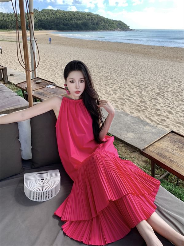 Midi Dress Plain Sleeveless Tiered