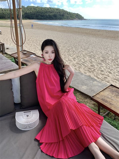 Midi Dress Plain Sleeveless Tiered