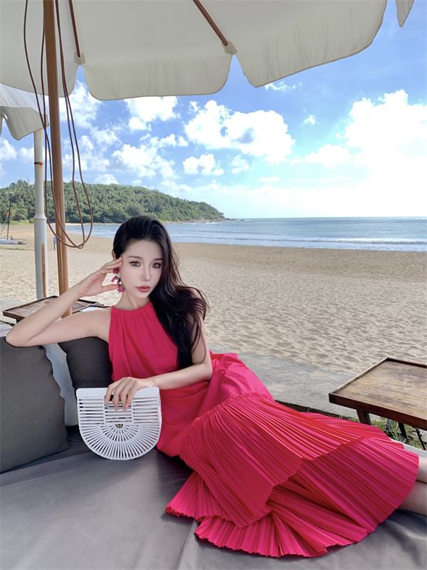 Midi Dress Plain Sleeveless Tiered