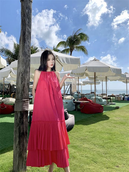 Midi Dress Plain Sleeveless Tiered