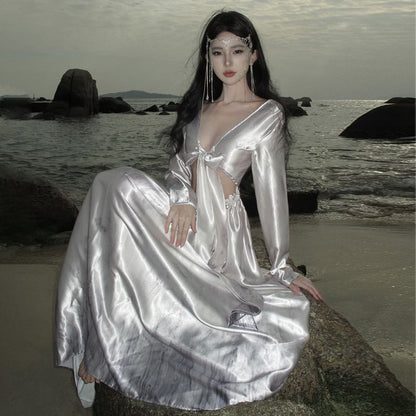 Maxi Dress Cutout V-Neck Long-Sleeve A-Line