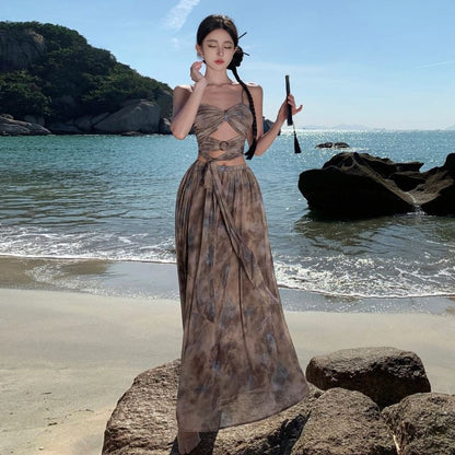 Tie Waist Crop + Maxi A-Line Set: Camisole Dye Skirt Top High