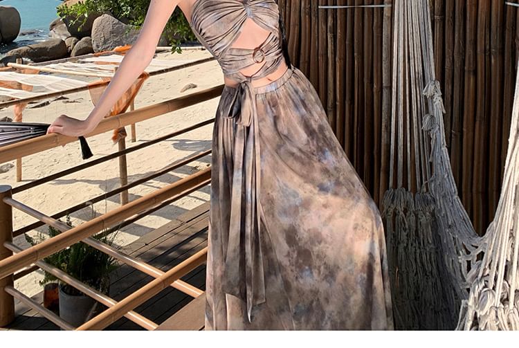 Tie Waist Crop + Maxi A-Line Set: Camisole Dye Skirt Top High