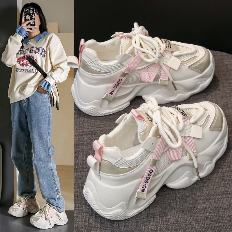 Platform Mesh Panel Lace-Up Sneakers