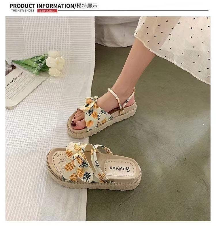 Platform Fruit Print Bow Slide Sandals