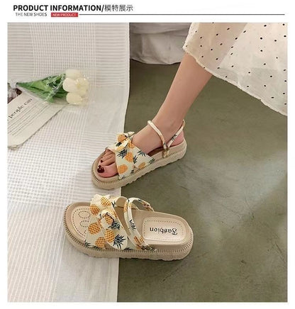 Platform Fruit Print Bow Slide Sandals