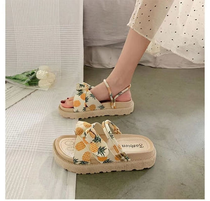 Platform Fruit Print Bow Slide Sandals