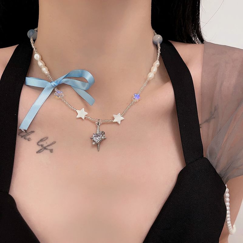 Rhinestone Necklace Pendant Ribbon