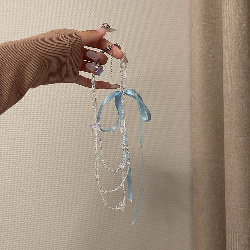 Ribbon Layered Necklace Butterfly Bead