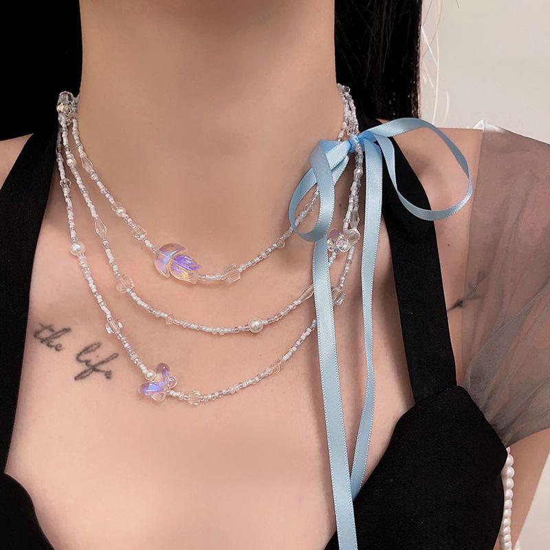 Ribbon Layered Necklace Butterfly Bead