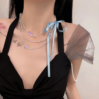 Ribbon Layered Necklace Butterfly Bead