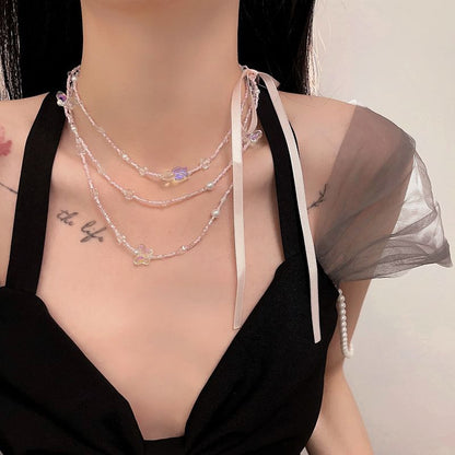 Ribbon Layered Necklace Butterfly Bead