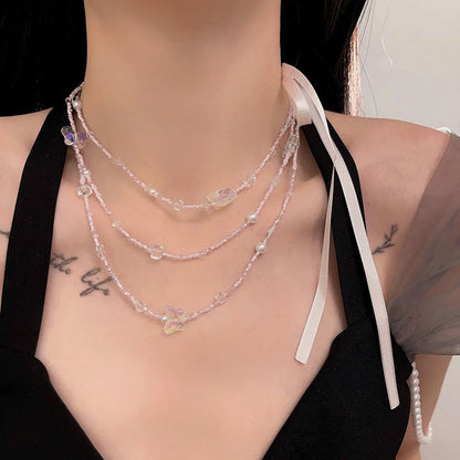 Ribbon Layered Necklace Butterfly Bead