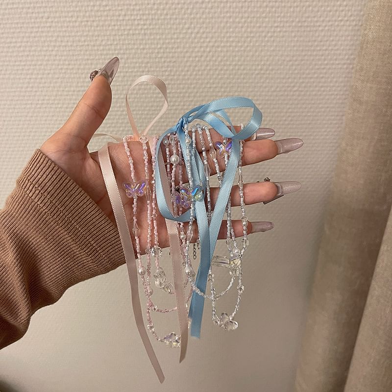 Ribbon Layered Necklace Butterfly Bead