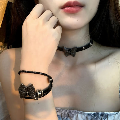 Faux Choker Bracelet Butterfly Leather /