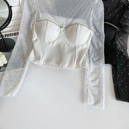 Long-Sleeve Mock Neck Rhinestone Mesh Panel Top