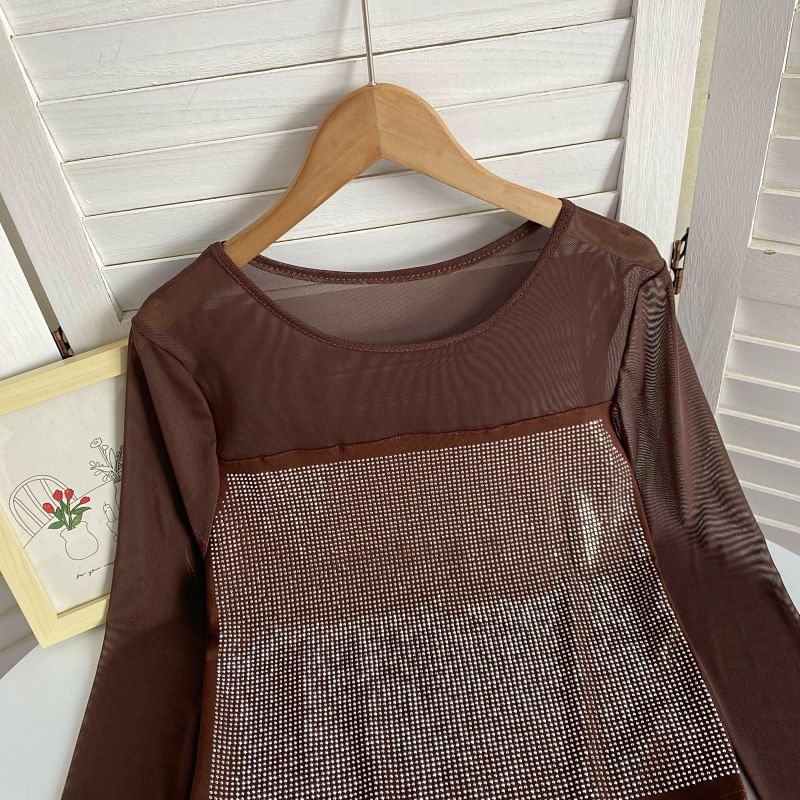 Long-Sleeve Scoop Neck Rhinestone Mesh Top