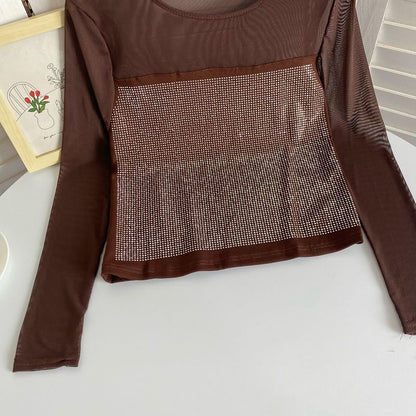 Long-Sleeve Scoop Neck Rhinestone Mesh Top