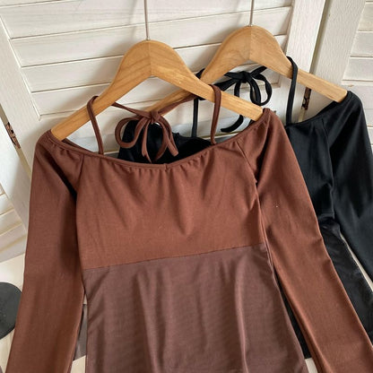 Long-Sleeve Halter Off-Shoulder Mesh Panel T-Shirt