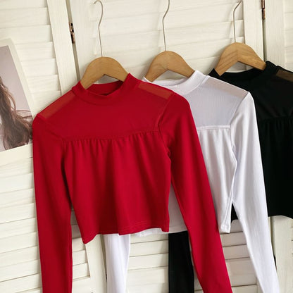 Long-Sleeve Crew Neck Plain Mesh Panel Crop T-Shirt