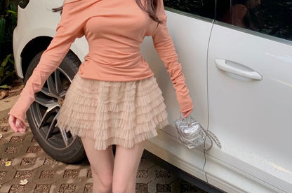 Long-Sleeve Off-Shoulder Plain Slim Fit T-Shirt / High Waist Tiered Mini A-Line Tulle Skirt