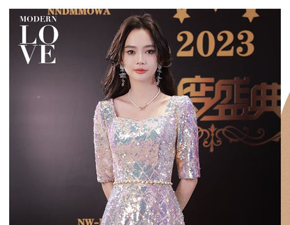 Dress Iridescent A-Line Maxi Scoop Neck Elbow-Sleeve