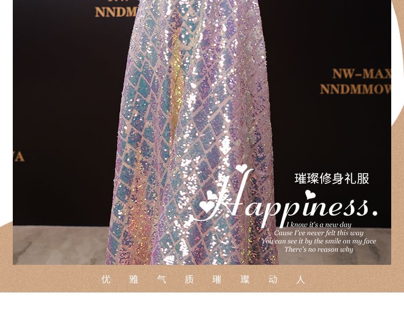 Dress Iridescent A-Line Maxi Scoop Neck Elbow-Sleeve