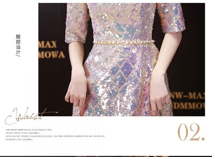 Robe trapèze longue irisée à manches aux coudes et col rond