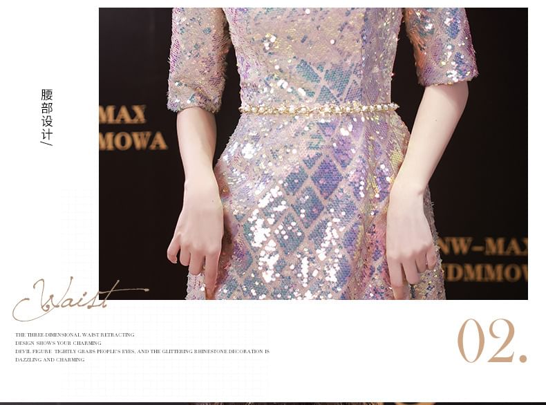 Dress Iridescent A-Line Maxi Scoop Neck Elbow-Sleeve