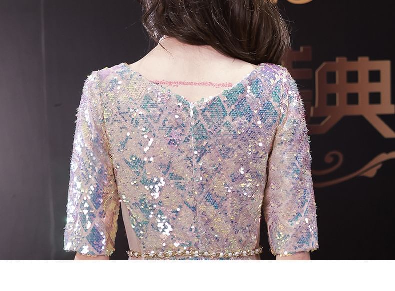 Dress Iridescent A-Line Maxi Scoop Neck Elbow-Sleeve