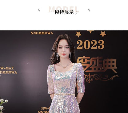 Dress Iridescent A-Line Maxi Scoop Neck Elbow-Sleeve