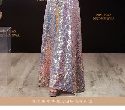 Robe trapèze longue irisée à manches aux coudes et col rond