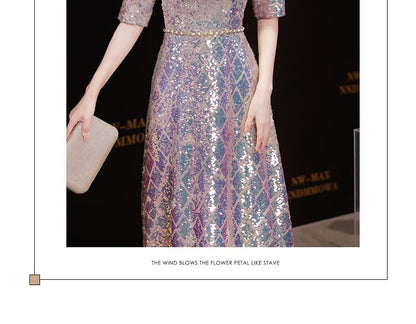 Robe trapèze longue irisée à manches aux coudes et col rond