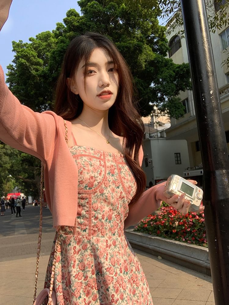 Dress Spaghetti Square Floral Cardigan Print Front Open Mini / Neck A-Line Strap Plain Crop