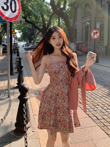 Dress Spaghetti Square Floral Cardigan Print Front Open Mini / Neck A-Line Strap Plain Crop